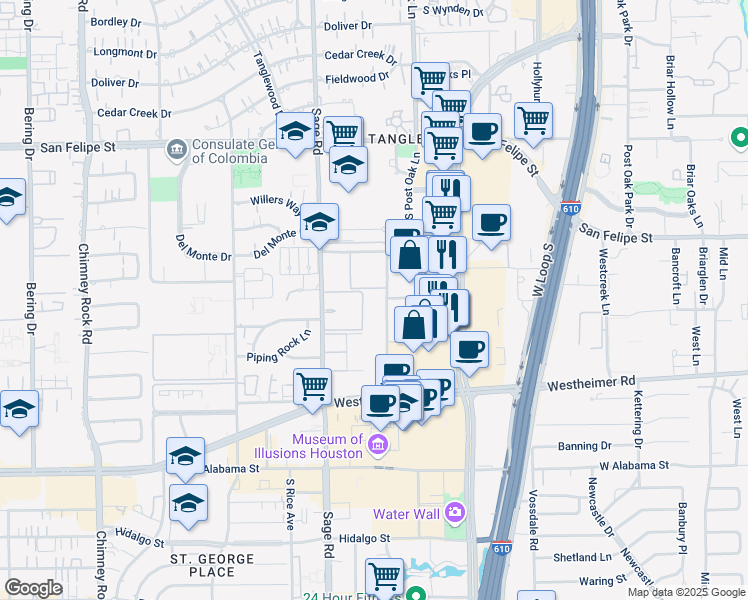 map of restaurants, bars, coffee shops, grocery stores, and more near 2300 McCue Road in Houston