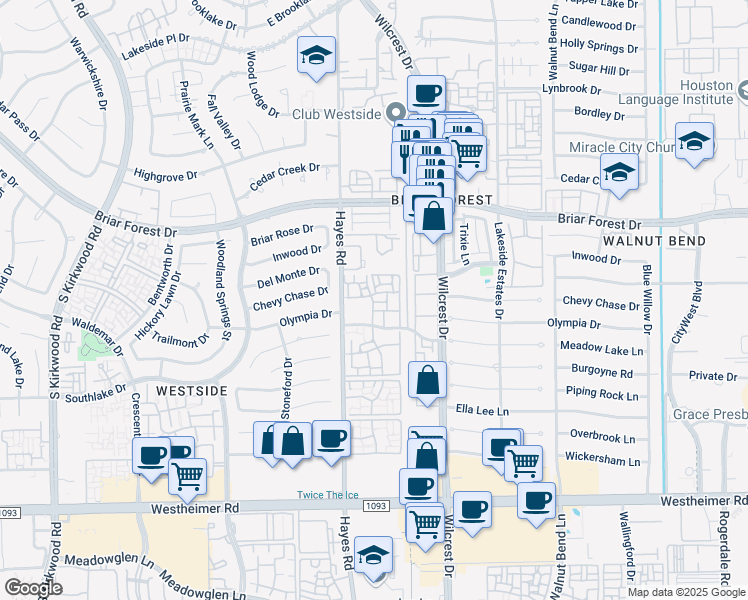 map of restaurants, bars, coffee shops, grocery stores, and more near 1 Hayes Road in Houston