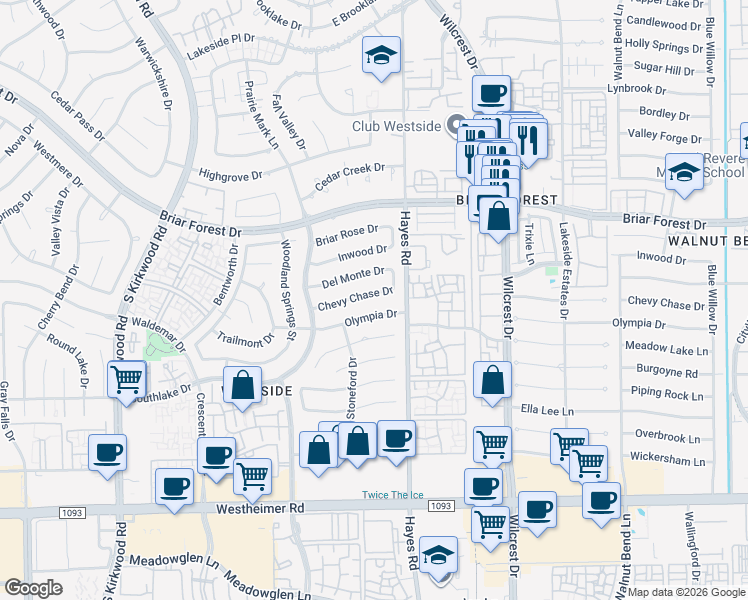 map of restaurants, bars, coffee shops, grocery stores, and more near 11318 Chevy Chase Drive in Houston