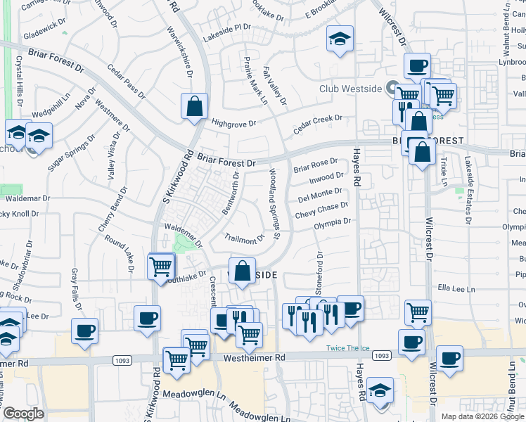 map of restaurants, bars, coffee shops, grocery stores, and more near 2014-2018 Woodland Springs Street in Houston