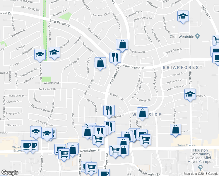 map of restaurants, bars, coffee shops, grocery stores, and more near 2151 South Kirkwood Road in Houston