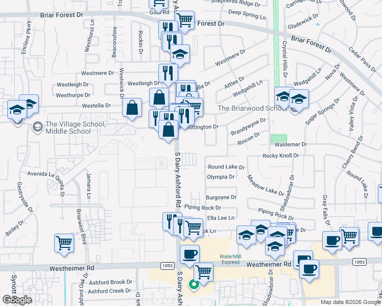 map of restaurants, bars, coffee shops, grocery stores, and more near 12558 Malachite Way in Houston