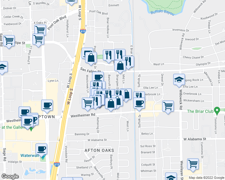 map of restaurants, bars, coffee shops, grocery stores, and more near 2182 Briarglen Drive in Houston