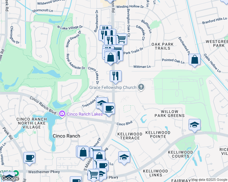 map of restaurants, bars, coffee shops, grocery stores, and more near South Mason Road in Katy