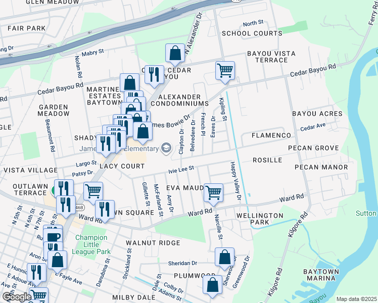 map of restaurants, bars, coffee shops, grocery stores, and more near 2200 Belvedere Drive in Baytown
