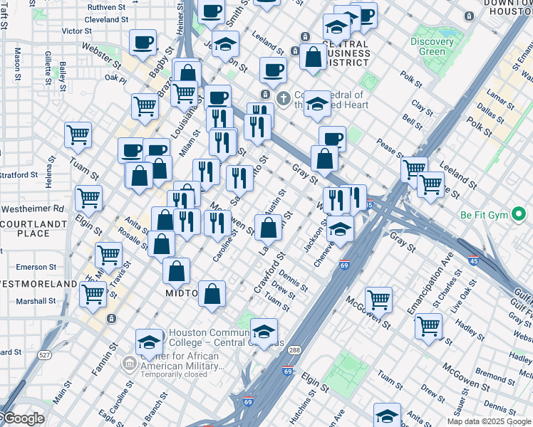 map of restaurants, bars, coffee shops, grocery stores, and more near 2300 Austin Street in Houston