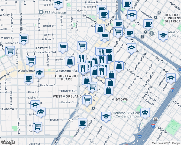 map of restaurants, bars, coffee shops, grocery stores, and more near 2900 Louisiana Street in Houston