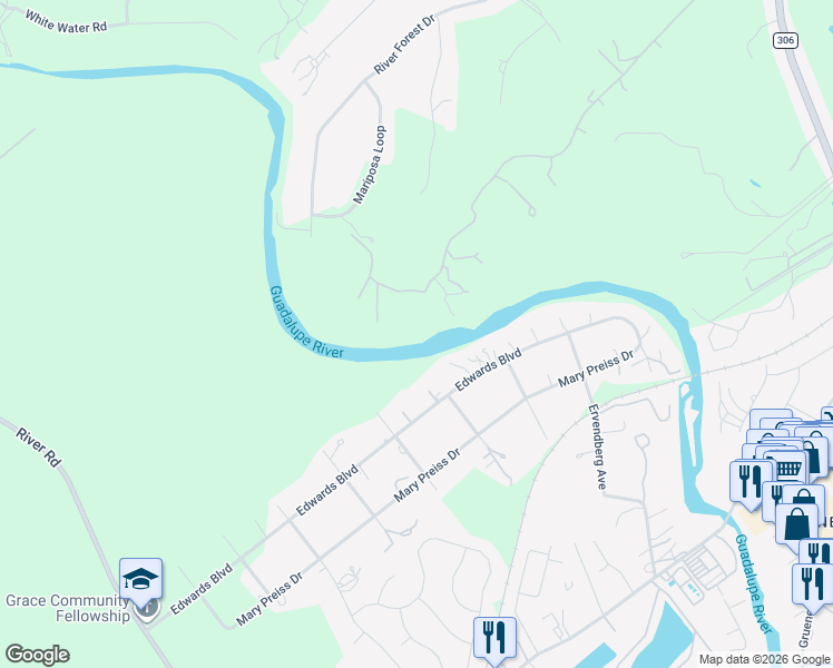 map of restaurants, bars, coffee shops, grocery stores, and more near 1755 Riada Drive in New Braunfels