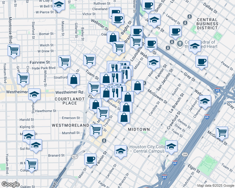 map of restaurants, bars, coffee shops, grocery stores, and more near 2808 Milam Street in Houston