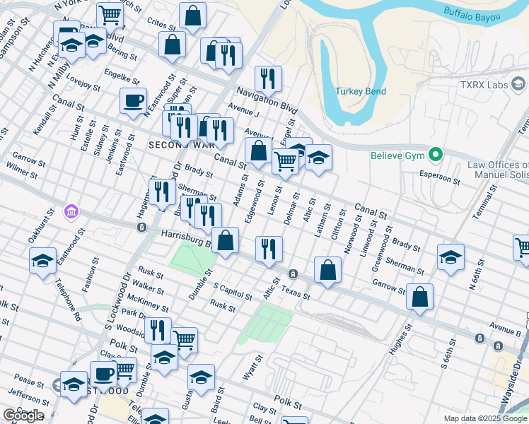 map of restaurants, bars, coffee shops, grocery stores, and more near 5206 Brady Street in Houston
