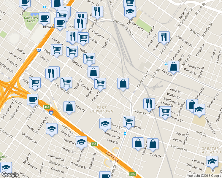 map of restaurants, bars, coffee shops, grocery stores, and more near 1107 Palmer Street in Houston