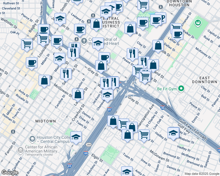 map of restaurants, bars, coffee shops, grocery stores, and more near 2105 Jackson Street in Houston