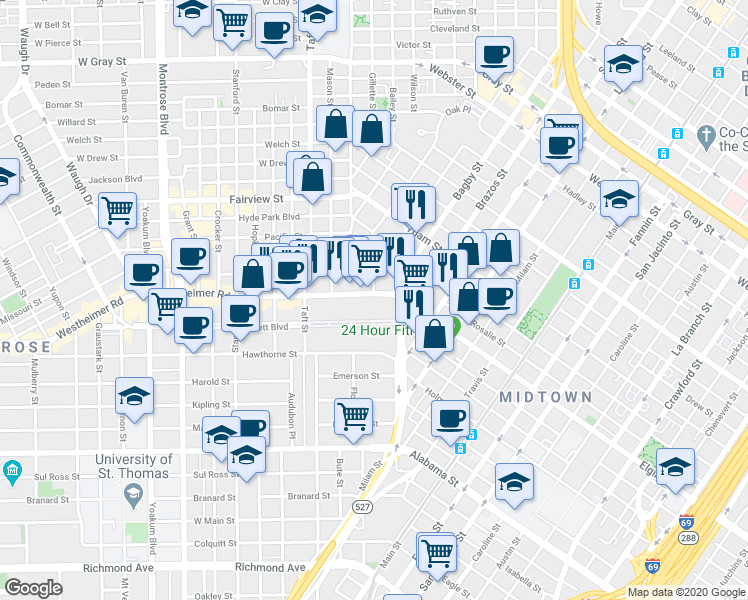 map of restaurants, bars, coffee shops, grocery stores, and more near 208 Avondale Street in Houston