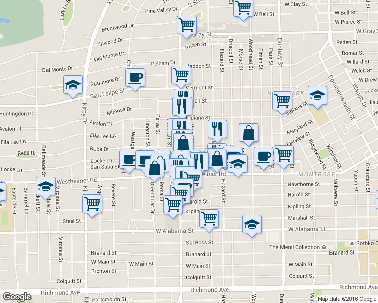 map of restaurants, bars, coffee shops, grocery stores, and more near 2359 South Shepherd Drive in Houston
