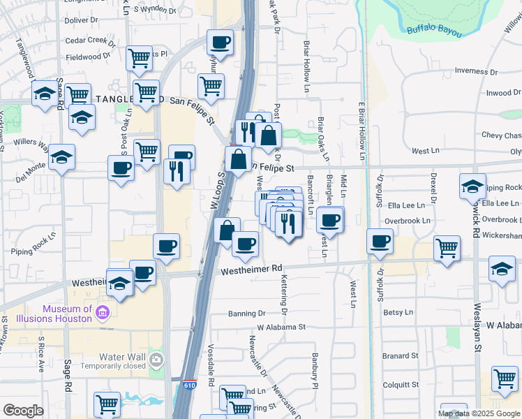 map of restaurants, bars, coffee shops, grocery stores, and more near 2040 Westcreek Lane in Houston