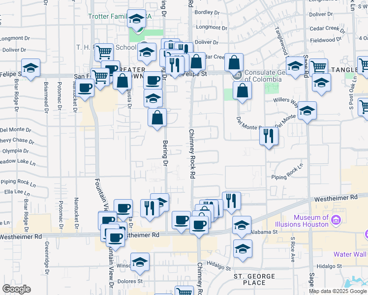 map of restaurants, bars, coffee shops, grocery stores, and more near 2001 Bering Drive in Houston