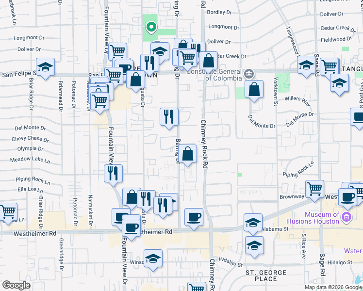 map of restaurants, bars, coffee shops, grocery stores, and more near 2001 Bering Drive in Houston