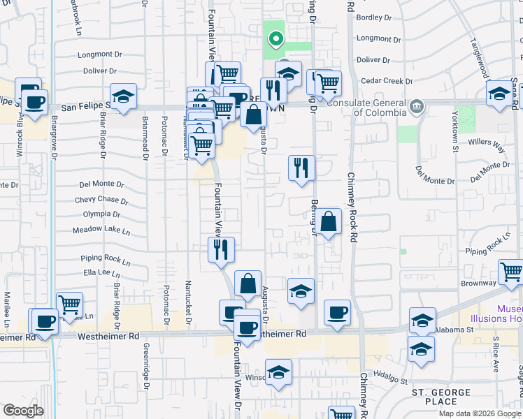 map of restaurants, bars, coffee shops, grocery stores, and more near 2012 Augusta Drive in Houston