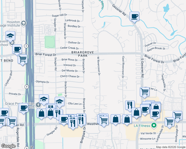 map of restaurants, bars, coffee shops, grocery stores, and more near 23 West Rivercrest Drive in Houston