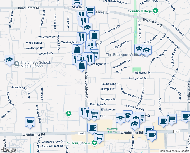 map of restaurants, bars, coffee shops, grocery stores, and more near 1926 Ashford Hollow Lane in Houston