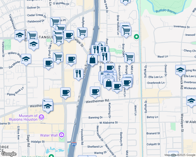 map of restaurants, bars, coffee shops, grocery stores, and more near 2200 Westcreek Lane in Houston