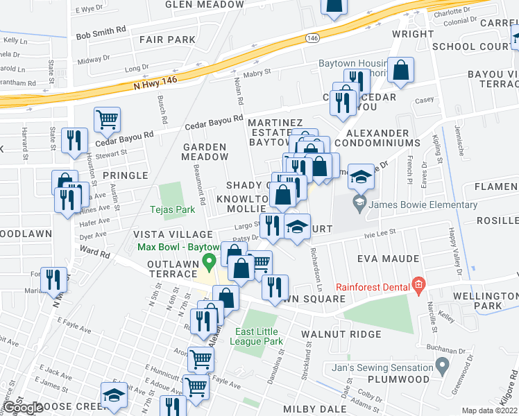 map of restaurants, bars, coffee shops, grocery stores, and more near 1501 Nolan Road in Baytown