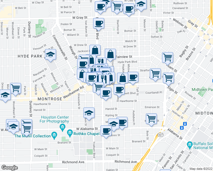 map of restaurants, bars, coffee shops, grocery stores, and more near 907 Westheimer Road in Houston