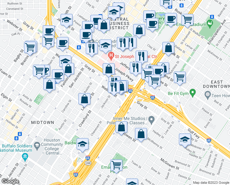 map of restaurants, bars, coffee shops, grocery stores, and more near 1701 Webster Street in Houston
