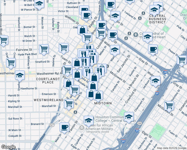 map of restaurants, bars, coffee shops, grocery stores, and more near 2700 Travis Street in Houston