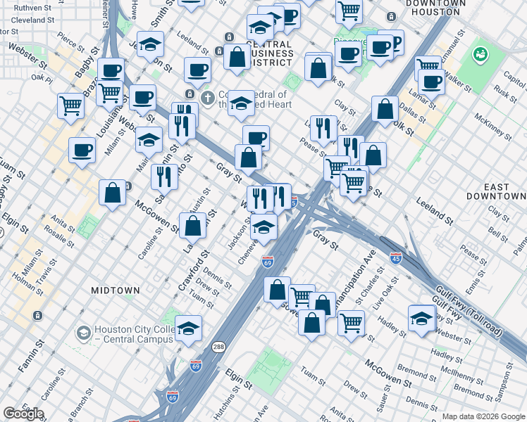 map of restaurants, bars, coffee shops, grocery stores, and more near 2105 Jackson Street in Houston