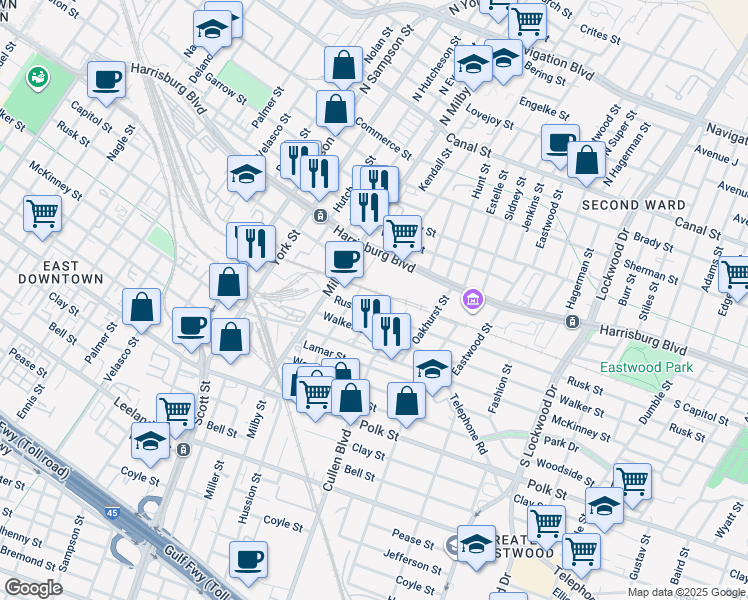 map of restaurants, bars, coffee shops, grocery stores, and more near 700 Saint Joseph Street in Houston