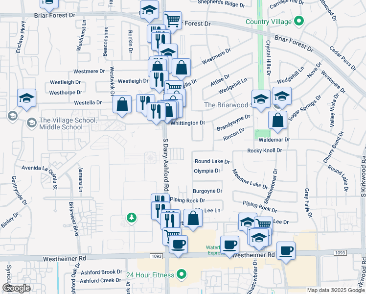 map of restaurants, bars, coffee shops, grocery stores, and more near 1926 Ashford Hollow Lane in Houston