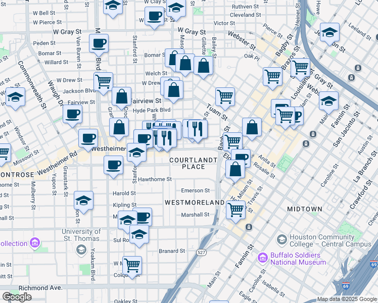 map of restaurants, bars, coffee shops, grocery stores, and more near 302 Avondale Street in Houston