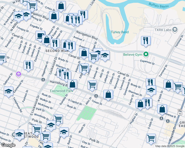 map of restaurants, bars, coffee shops, grocery stores, and more near 114 Delmar Street in Houston