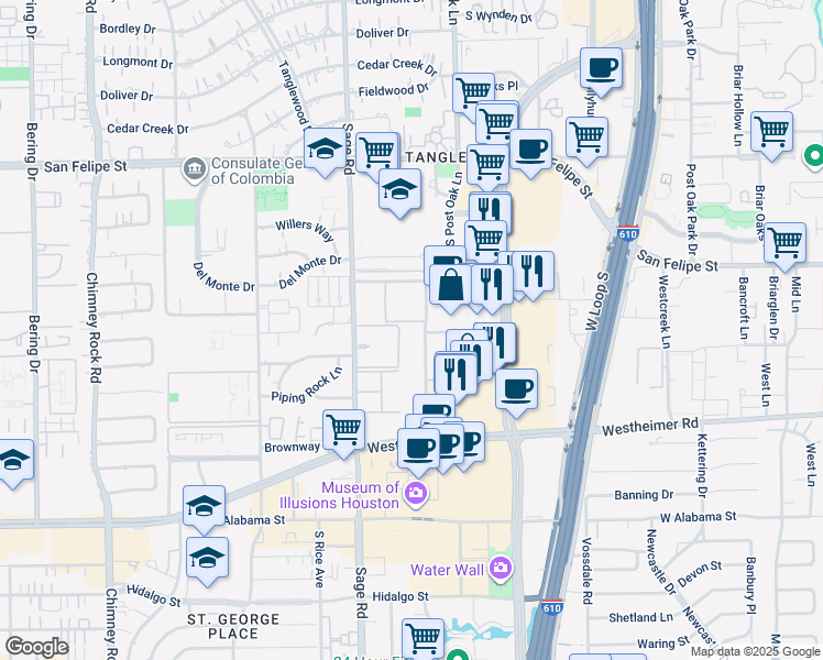map of restaurants, bars, coffee shops, grocery stores, and more near 2306 McCue Road in Houston