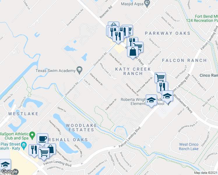 map of restaurants, bars, coffee shops, grocery stores, and more near 25314 Cherry Ranch Drive in Katy