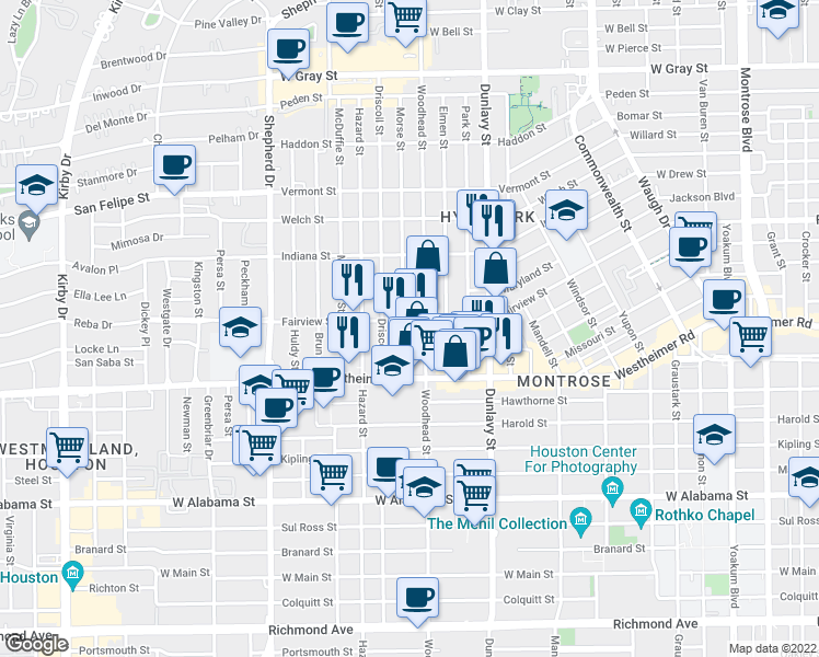 map of restaurants, bars, coffee shops, grocery stores, and more near 2315 Woodhead Street in Houston