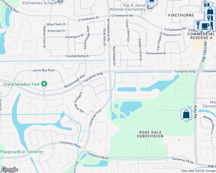 map of restaurants, bars, coffee shops, grocery stores, and more near 28702 Fitzroy Harbor in Katy