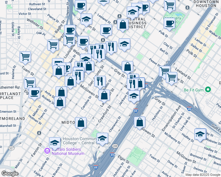 map of restaurants, bars, coffee shops, grocery stores, and more near 2320 La Branch Street in Houston