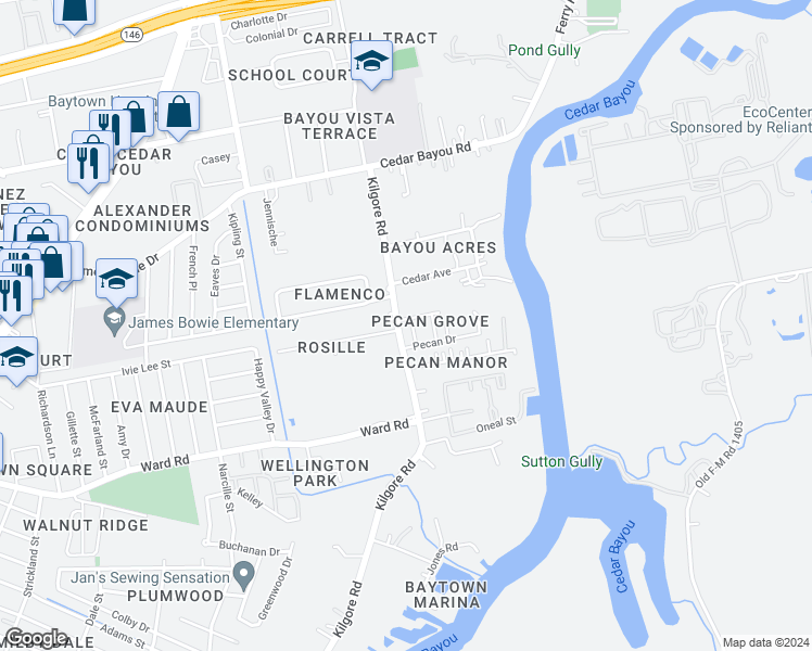 map of restaurants, bars, coffee shops, grocery stores, and more near 2107 Kilgore Road in Baytown
