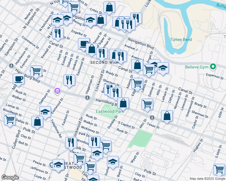 map of restaurants, bars, coffee shops, grocery stores, and more near 202 Bryan Street in Houston