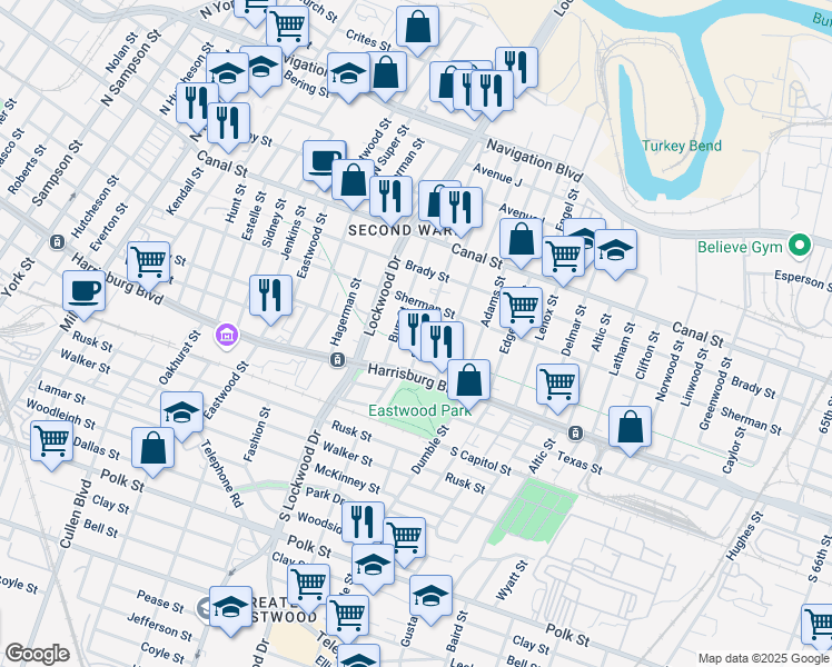 map of restaurants, bars, coffee shops, grocery stores, and more near 209 Burr Street in Houston