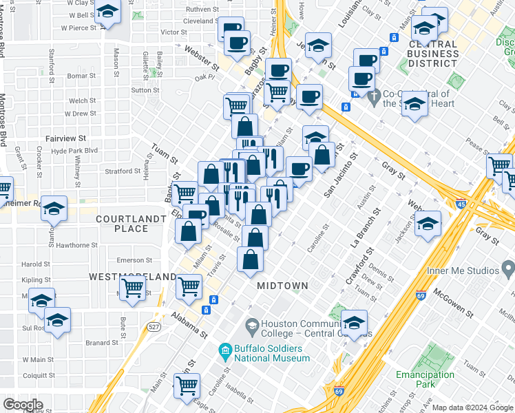 map of restaurants, bars, coffee shops, grocery stores, and more near 2700 Travis Street in Houston