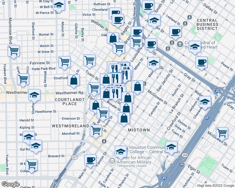 map of restaurants, bars, coffee shops, grocery stores, and more near 2808 Milam Street in Houston