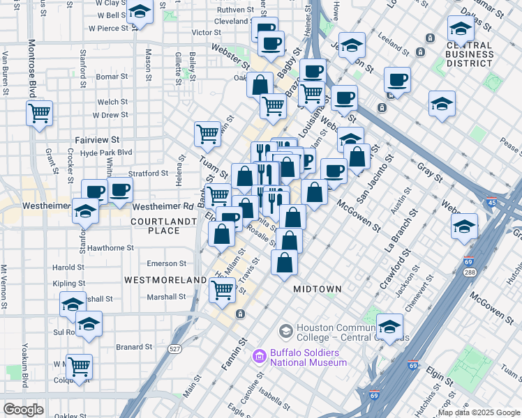 map of restaurants, bars, coffee shops, grocery stores, and more near 2808 Milam Street in Houston