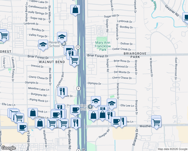 map of restaurants, bars, coffee shops, grocery stores, and more near 1687 West Sam Houston Parkway South in Houston