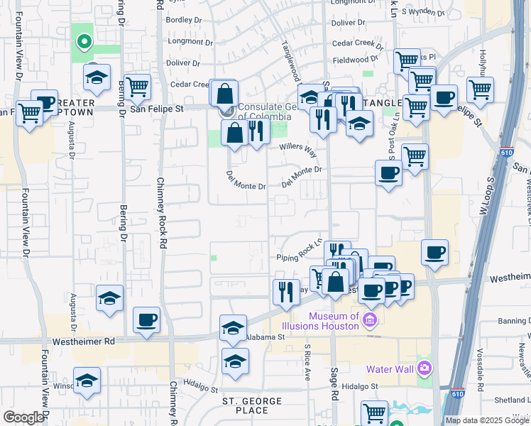 map of restaurants, bars, coffee shops, grocery stores, and more near 5431 Chevy Chase Drive in Houston