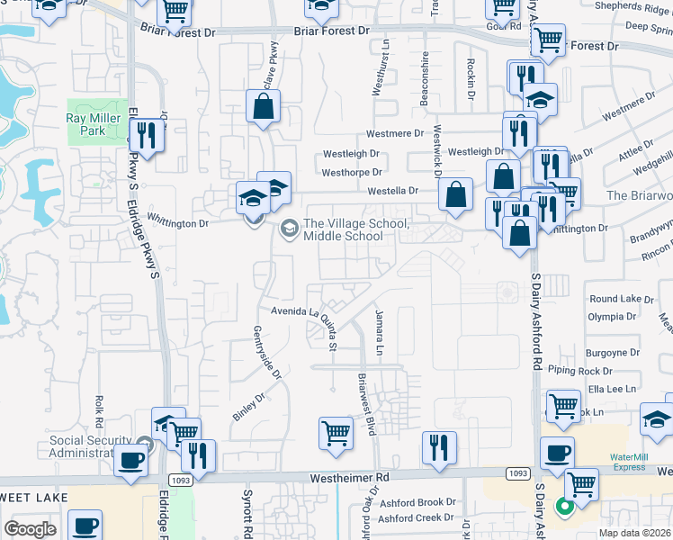 map of restaurants, bars, coffee shops, grocery stores, and more near 1910 Westmead Drive in Houston