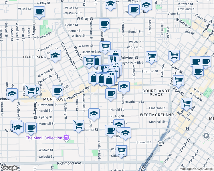 map of restaurants, bars, coffee shops, grocery stores, and more near Montrose Boulevard in Houston