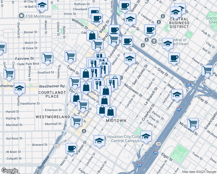 map of restaurants, bars, coffee shops, grocery stores, and more near 2727 Travis Street in Houston